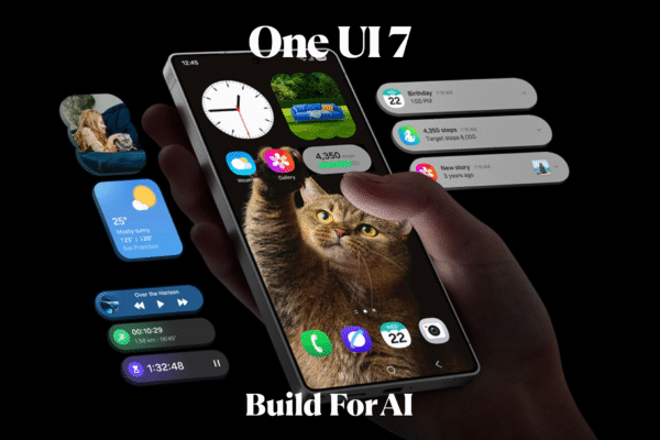 Samsung Just Dropped a Bombshell – Inside One UI 7’s Feature Overhaul A hand holding a smartphone with Samsung One UI 7 interface, showing a playful cat wallpaper and various floating widgets like weather, music, clock, and activity stats. The text "One UI 7" and "Built For AI" is prominently displayed.